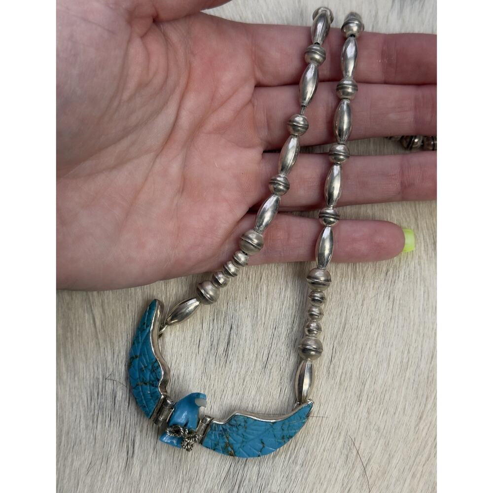 Native American Sterling J TSO Carved Turquoise Eagle Movable Wings Necklace